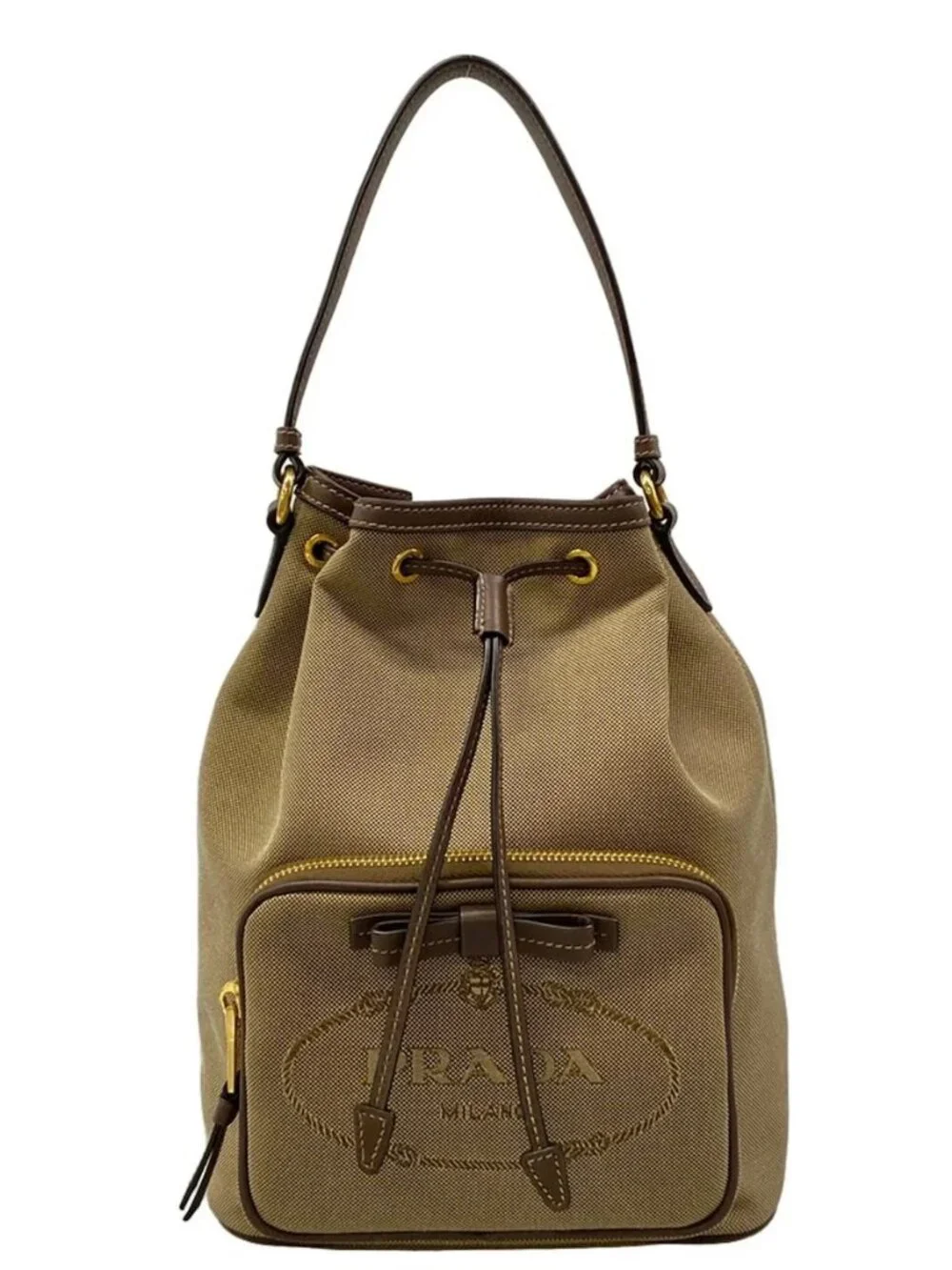 PRADA Logo Jacquard 1BH097 Beige Brown Dark Brown Jacquard Leather Handbag